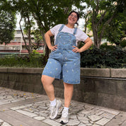 Denim Overall Shorts - Light Wash with Daisies