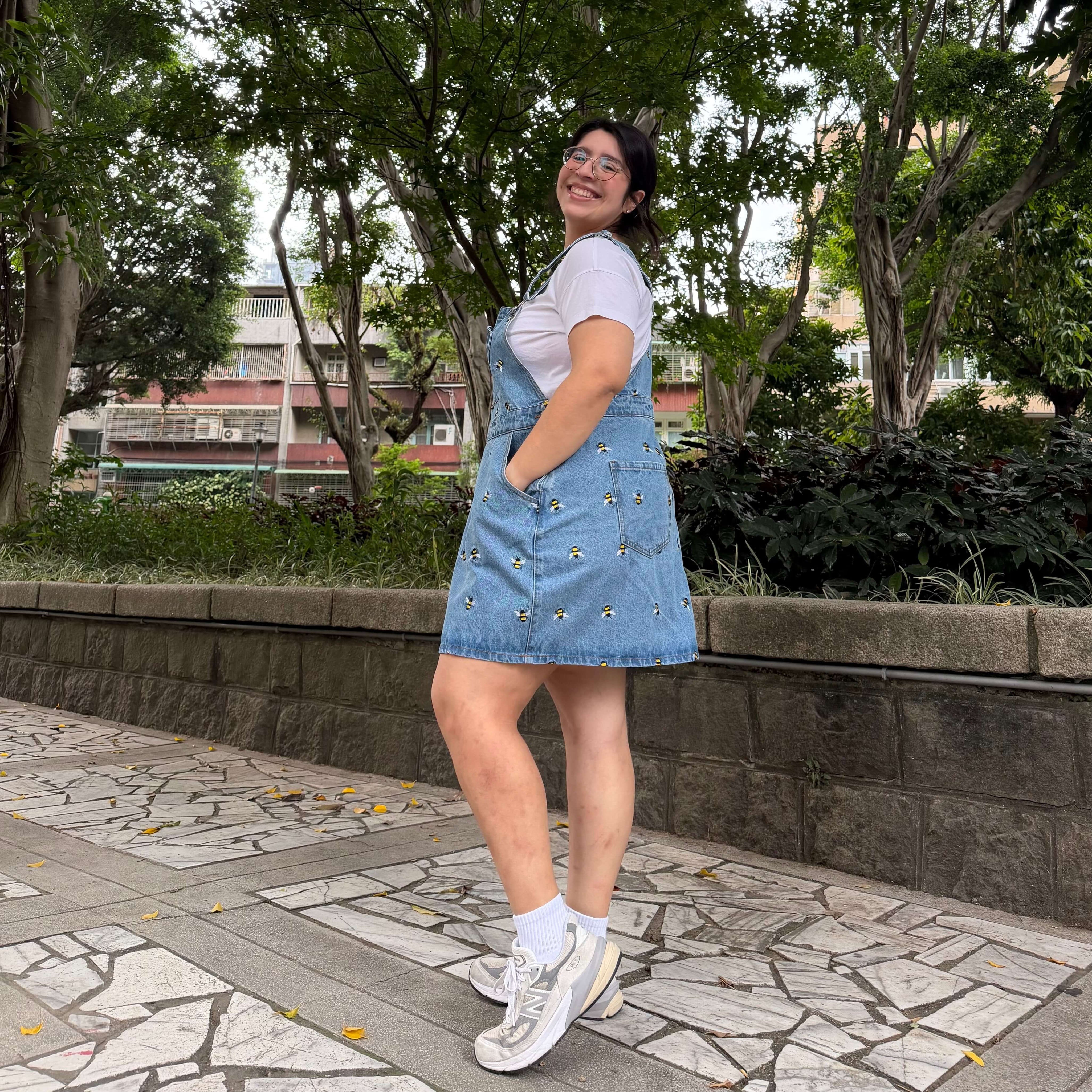 Denim Overall Dress - Light Wash with Bees