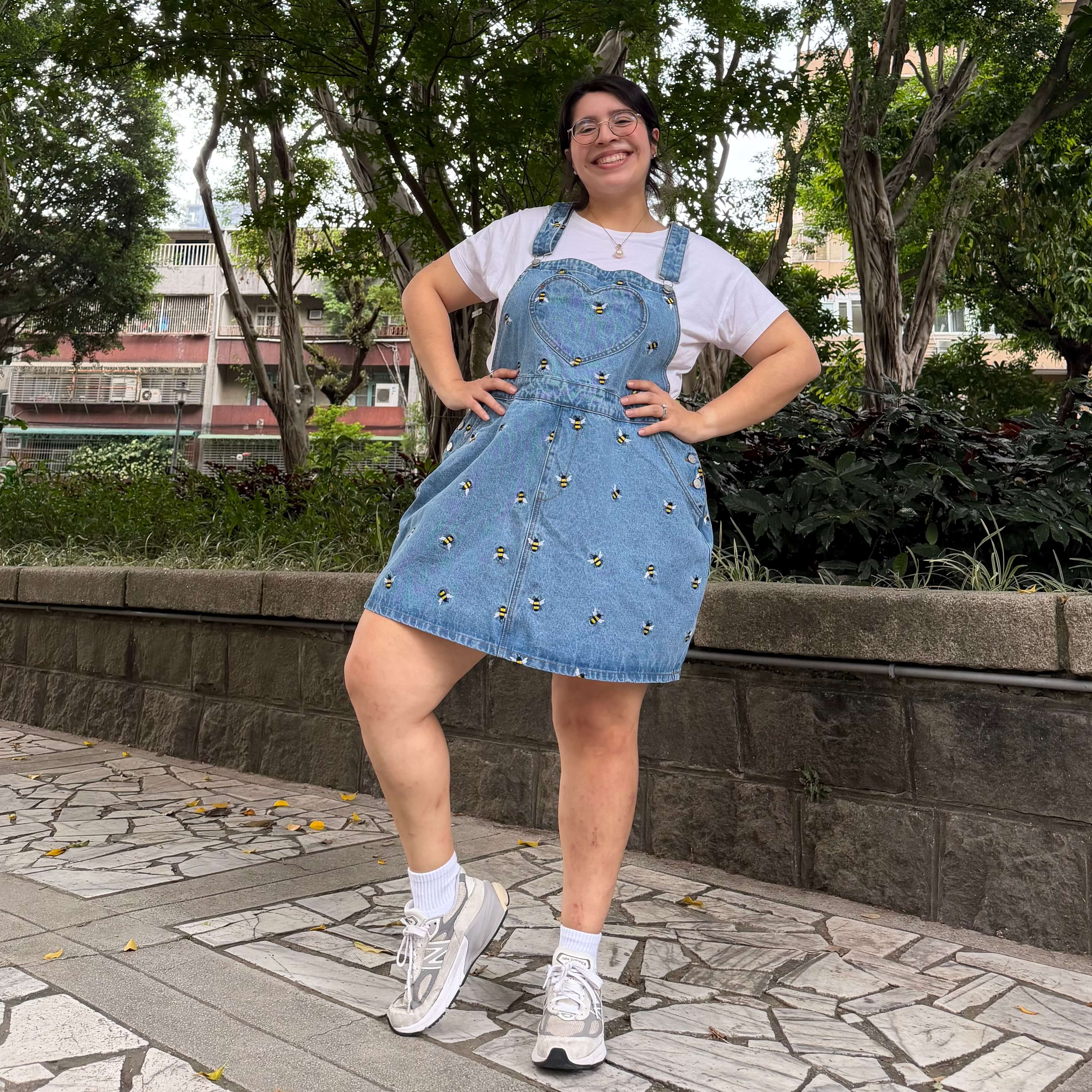 Denim Overall Dress - Light Wash with Bees