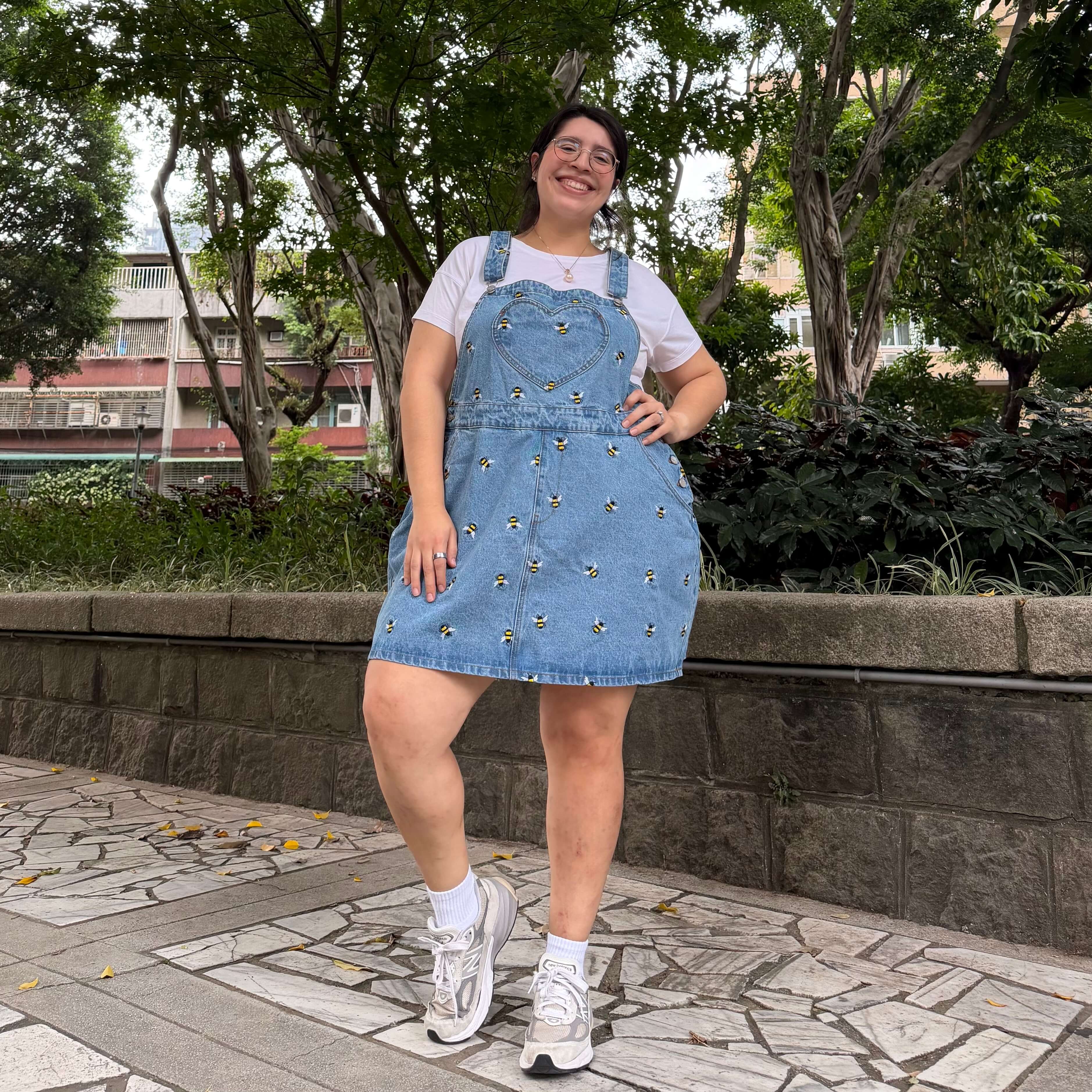 Denim Overall Dress - Light Wash with Bees