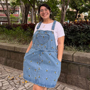 Denim Overall Dress - Light Wash with Bees
