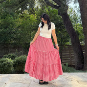 Gingham Long Skirt - Tomato
