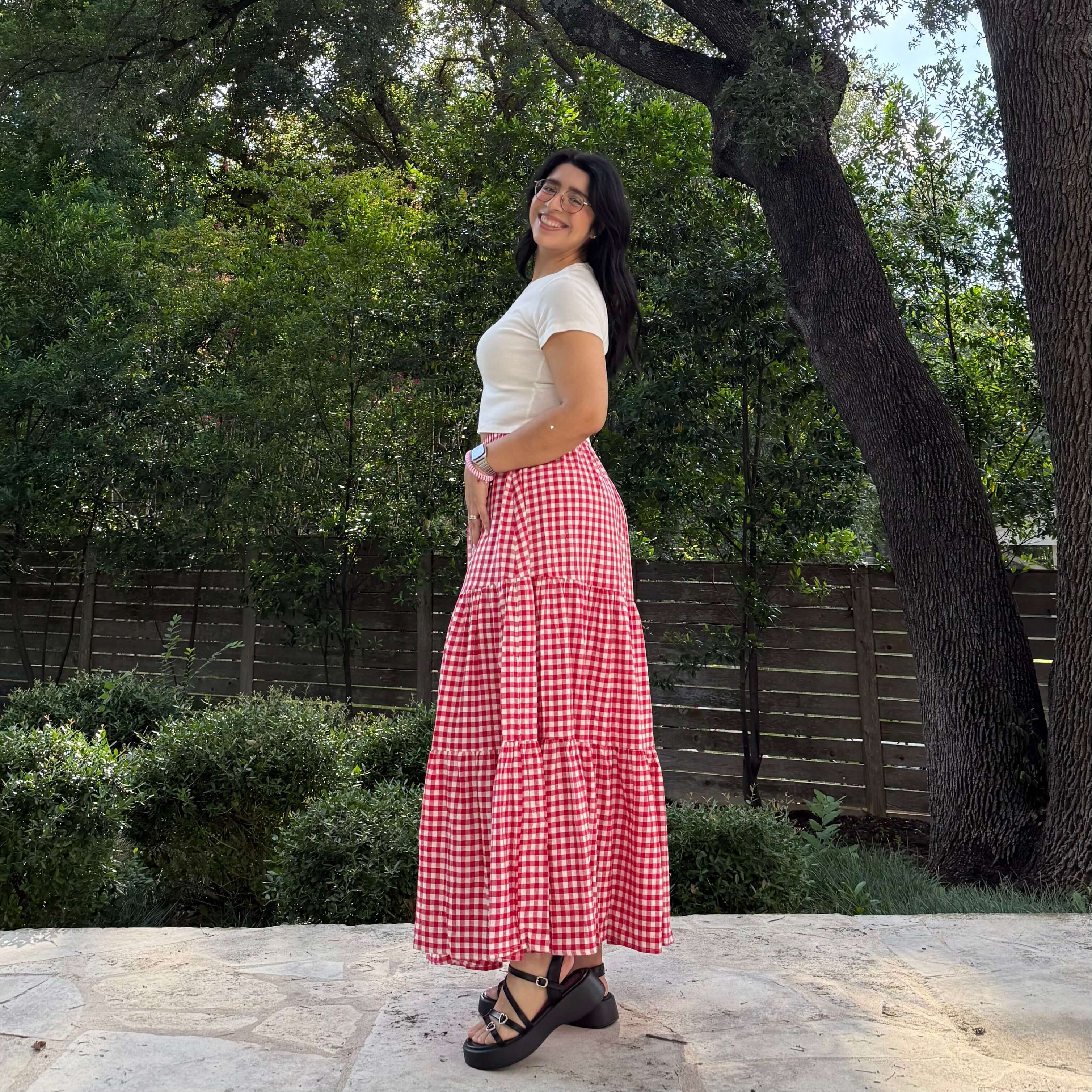 Gingham Long Skirt - Tomato